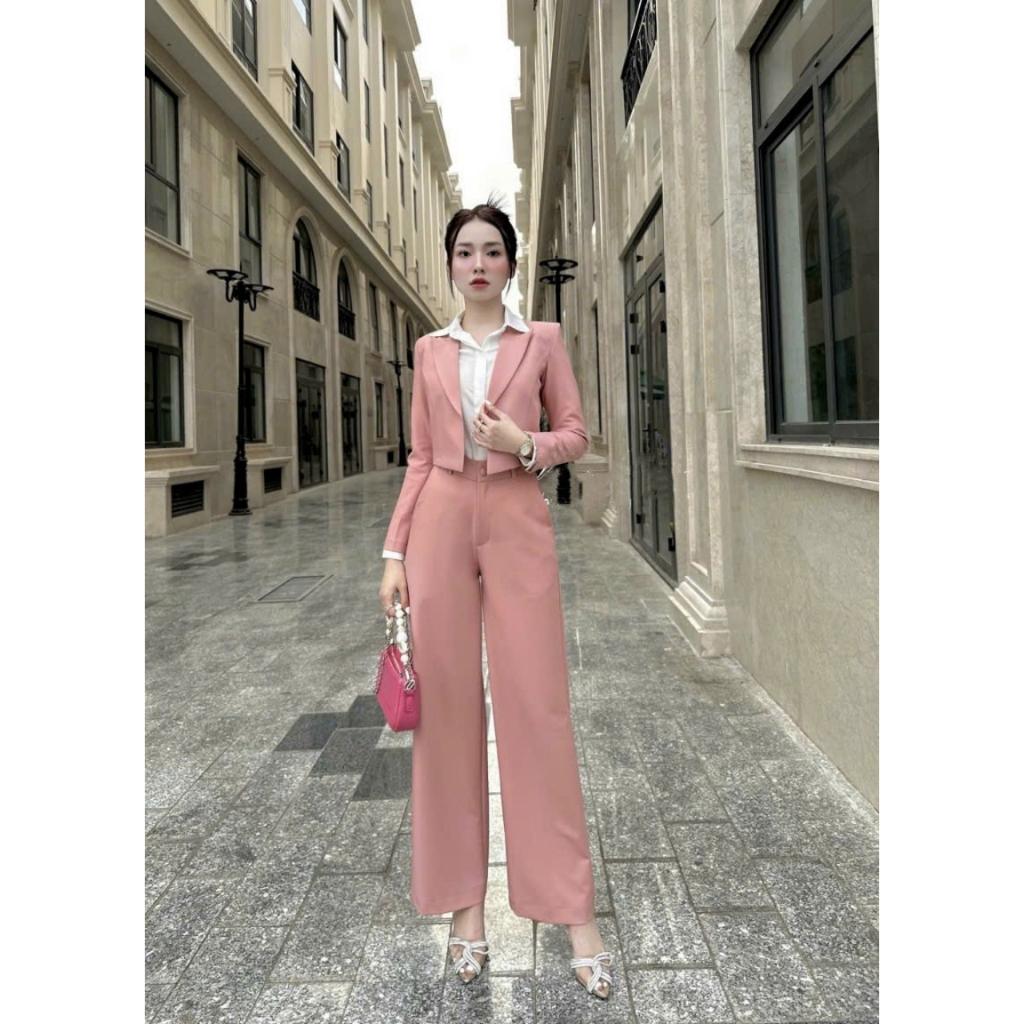 Set Bộ Vest Áo Croptop Quần Ống Suông Sang Trọng