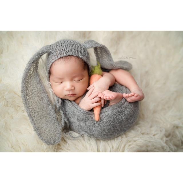 Nón thỏ khăn quấn size newborn + cà rốt len chọc