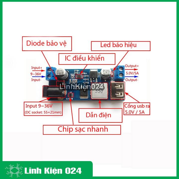 Module Hạ Áp Buck DC-DC Vin 9-36V Vout 5V 5A XY-3606 Sạc Nhanh Có Bảo Vệ