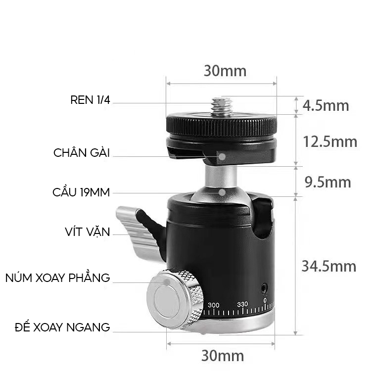 Bi cầu K19  chất lượng CAO CẤP chắc chắn HỢP KIM NHÔM cho gậy selfie tripod