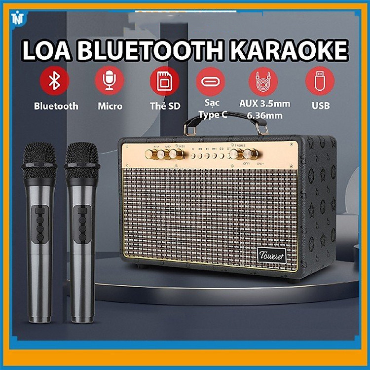 Loa Xách Tay Karaoke Bluetooth Toweiet TW-318 Tặng Kèm 2 Micro Không Dây, Âm Thanh Sóng Động Chất Lượng Cao Cực Hay