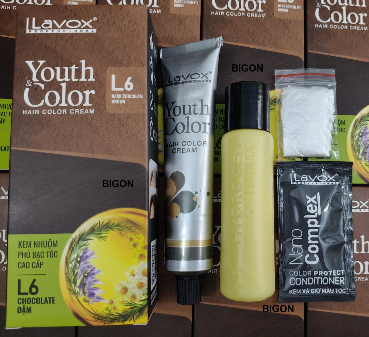 (Nâu Chocolate Đậm) Kem Nhuộm Dưỡng Tóc Phủ Bạc Lavox Youth&amp;Color L6 - Màu Nâu Chocolate Đậm