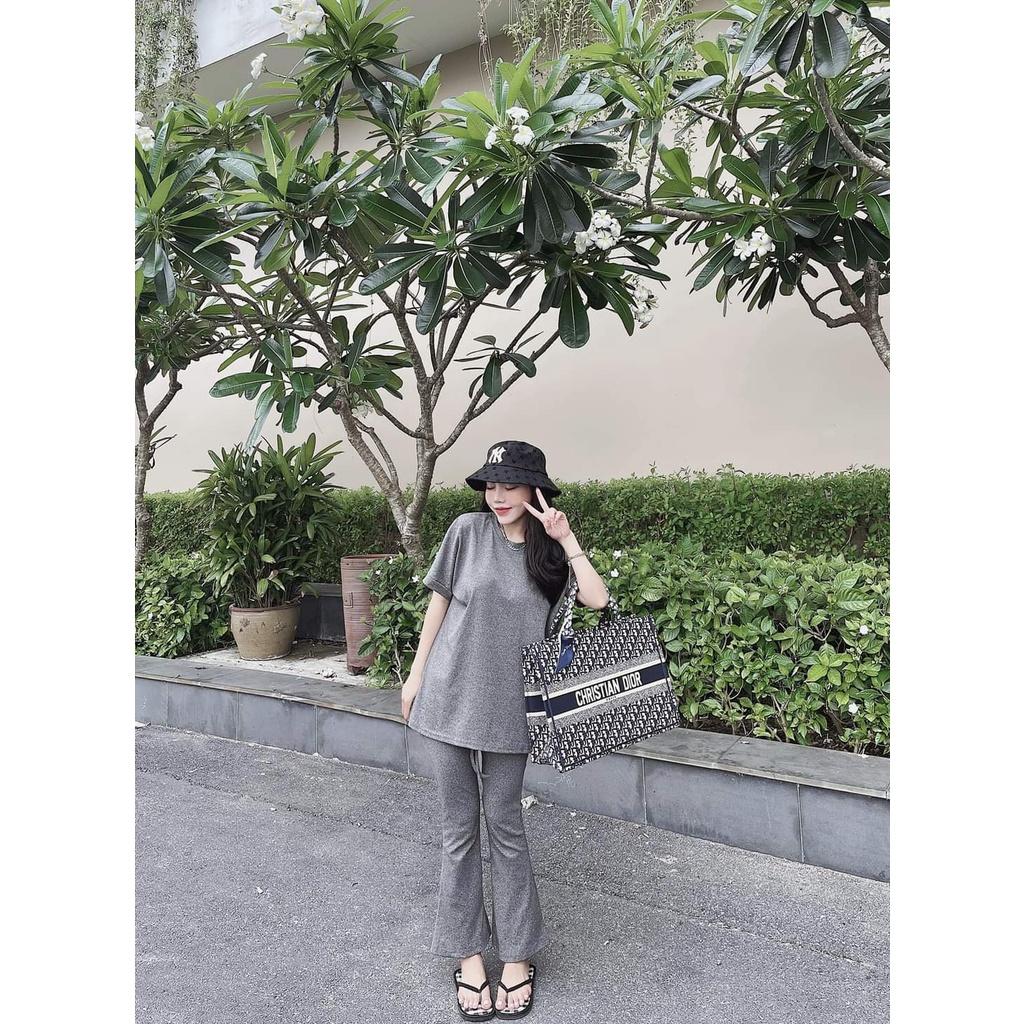 Set Áo Phông Tay Lỡ Kèm Quần Dài Vải Cotton Xám