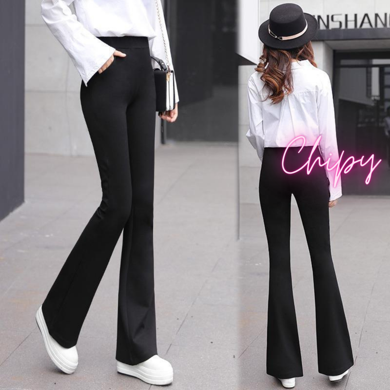 Quần Ống Loe Nữ CHIPY Màu Đen Lưng Cạp Cao Dáng Dài Công Sở Co Giãn 4 Chiều Chất Thun Cao Cấp Legging Ôm Siêu Tôn Dáng