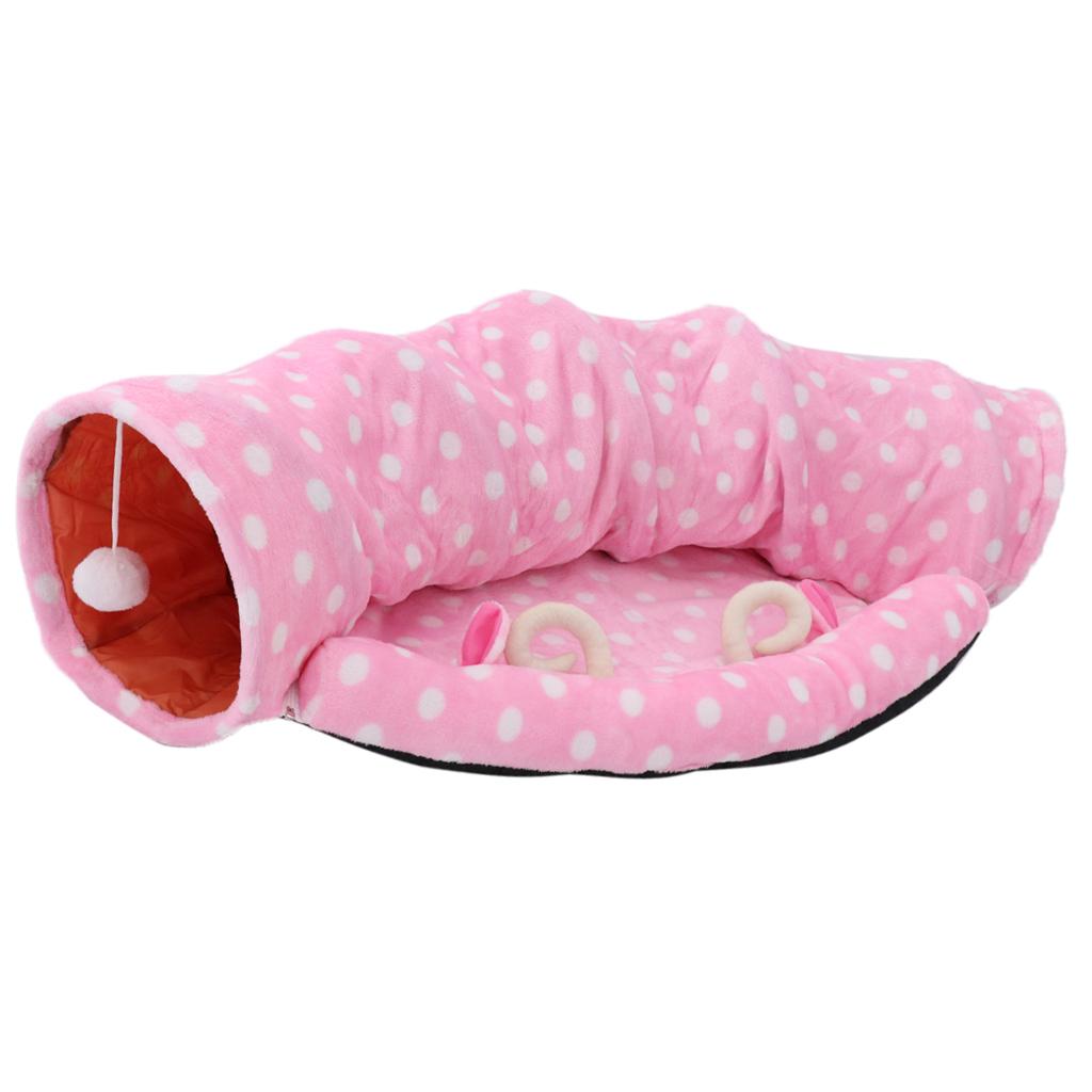 Foldable Cat Tunnel Bed-Kitten Indoor Playing Funny Toy Hanging Fluffy Ball Pink