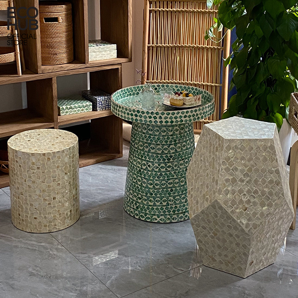 Ghế đôn khảm trai ECOHUB họa tiết sinh động, trang trí decor | E00355