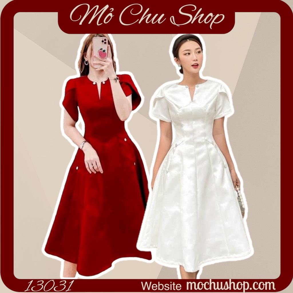 ĐẦM XOÈ TAPTA CỔ XẺ KẾT NÚT NGỌC 13031
