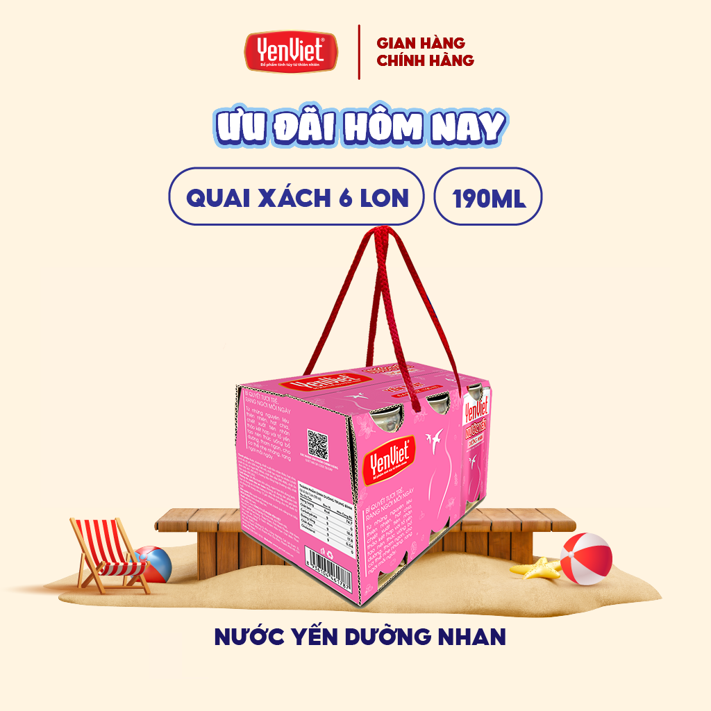 Nước yến dưỡng nhan Yến Việt, hạt chia, chiết xuất tiên nhân thảo, thanh mát, đẹp da quai xách 6 lonx190ml
