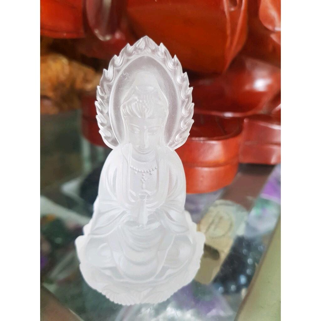 Tượng Phật Bà Quan Âm 2 Mặt ĐÁ LƯU LY TRẮNG TINH ĐẸP ĐỂ TRONG XE HƠI hoặc BÀN cao 10cm đk 6cm mệnh KIM mệnh THỦY ạ