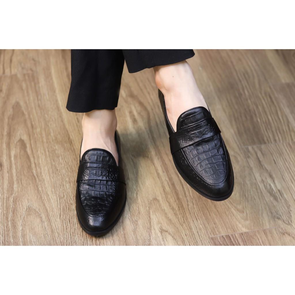 Giày lười da nam - Giày da nam công sở dập vân cá sấu - Đế cao su non cao 3cm, Mã v56, Hàng Việt