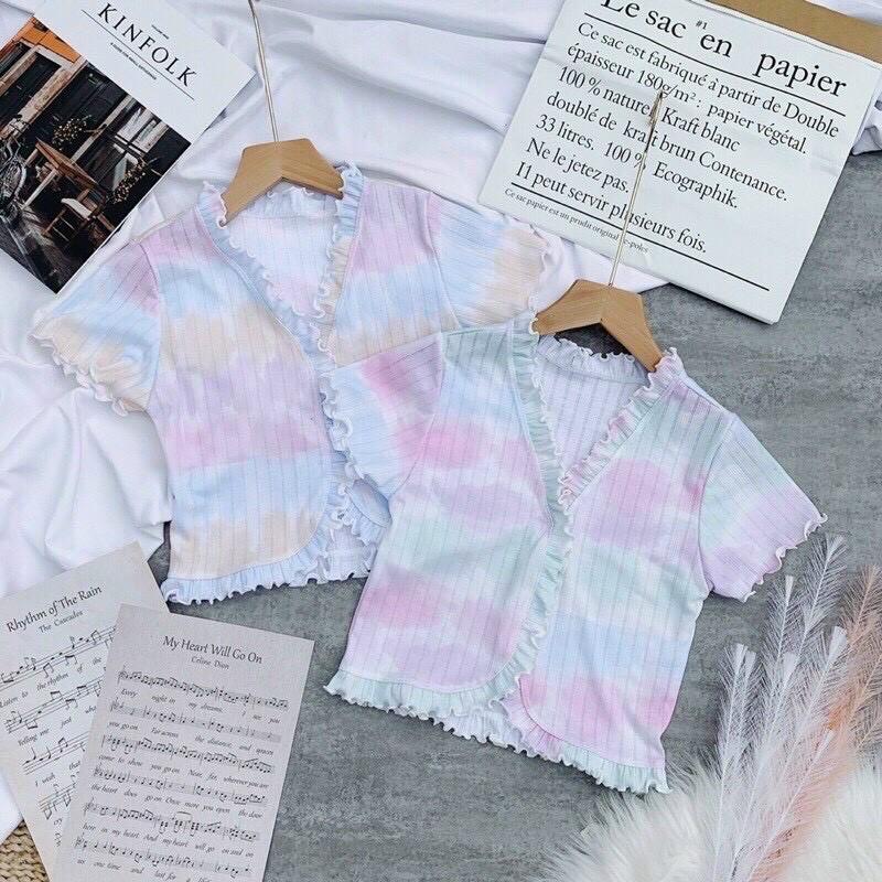 Áo croptop cổ V viền bèo loang xẻ nhẹ nhàng