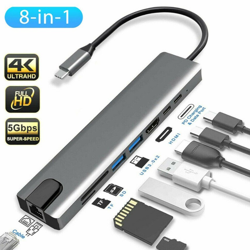 Vinetteam Hub USB TYPE-C 8 Cổng HDMI 4K 60Hz/ USB 3.0/ TF/ SD/ RJ45 100Mbps Dành Cho Macbook, PC Và Devices - Hàng Chính Hãng