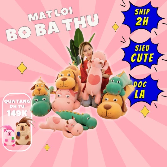 Bộ ba thú nhồi bông mắt lồi cute - Size từ 70cm đến 1m2- Quà tặng gấu bông trâu hồng, chó, khủng long xanh dễ thương - Gối ôm mềm mịn cho bé