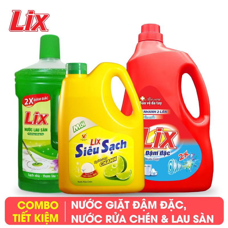 COMBO số 36 gồm Nước giặt Lix đậm đặc hương hoa 2kg NG201 + Nước rửa chén Lix siêu sạch hương chanh 1.4kg NS140 + Nước lau sàn Lix hương nắng hạ 1 lít LD118