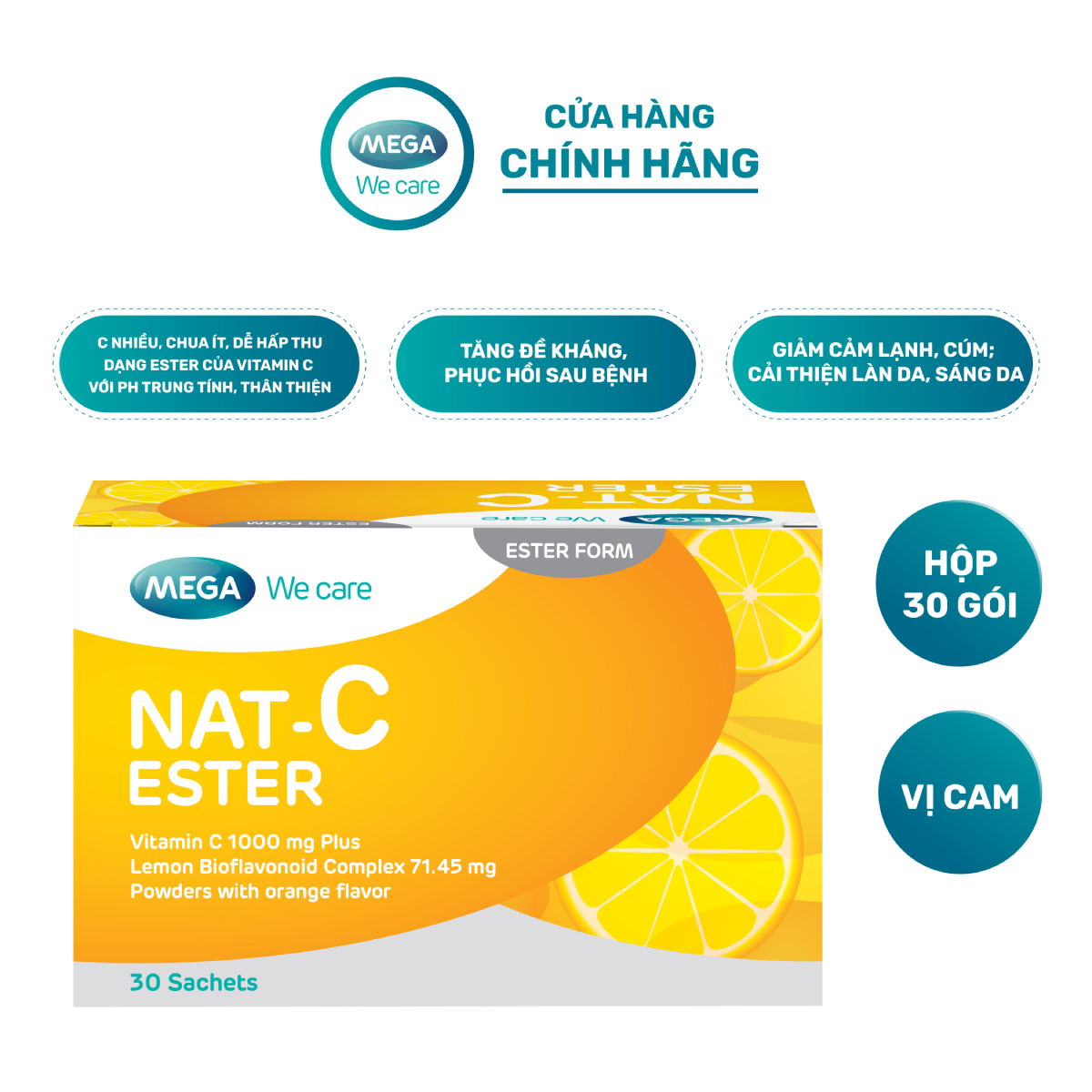 Gói bột hòa tan Vitamin C vị cam, sáng da, tăng cường đề kháng, giảm cảm cúm, cảm lạnh NAT C ESTER 30 gói (30 ngày)