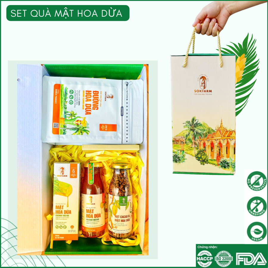 Hộp quà - Đường hoa dừa, Mật hoa dừa cô đặc, Cacao mật hoa dừa sokfarm (5 sản phẩm)