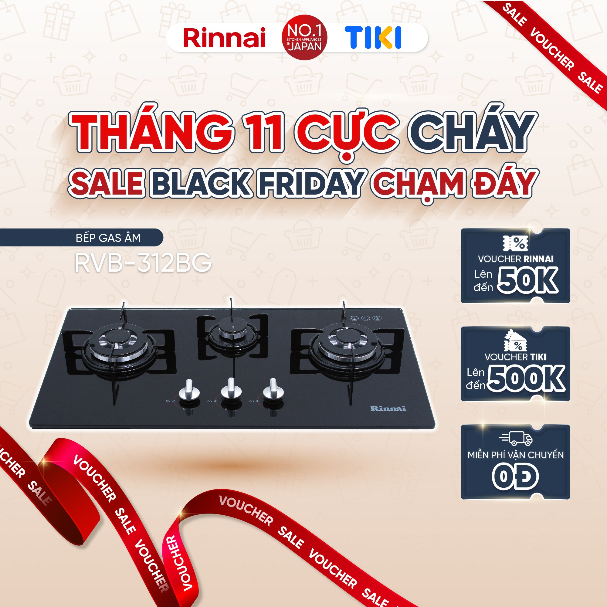 Bếp gas âm Rinnai RVB-312BG mặt bếp kính và kiềng bếp men - Hàng chính hãng.
