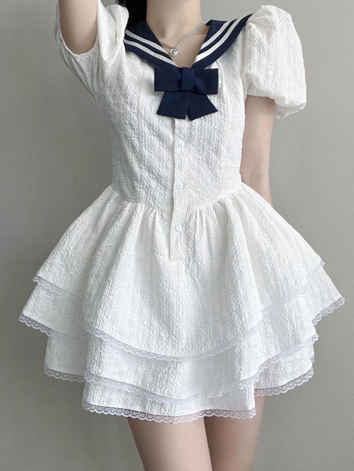 SHUANGYAN Hải quân cổ Ultra Fairy Bouffant váy cho phụ nữ mùa hè ren ren nhỏ bong bóng tay áo thắt lưng đầm cao eo