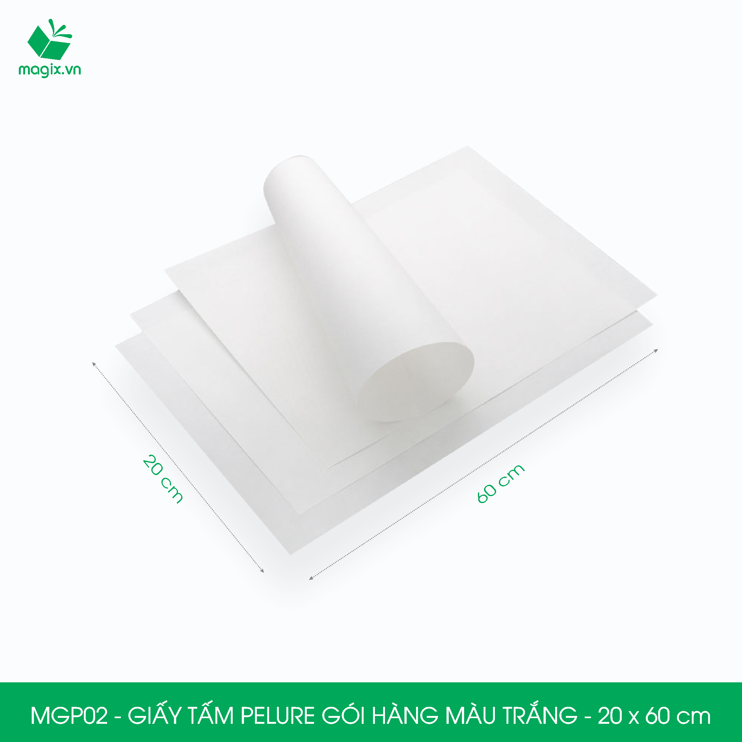 MGP02 - 20x60 cm - 100 tấm giấy Pelure trắng gói hàng, giấy chống ẩm 2 mặt mịn, giấy bọc hàng thời trang