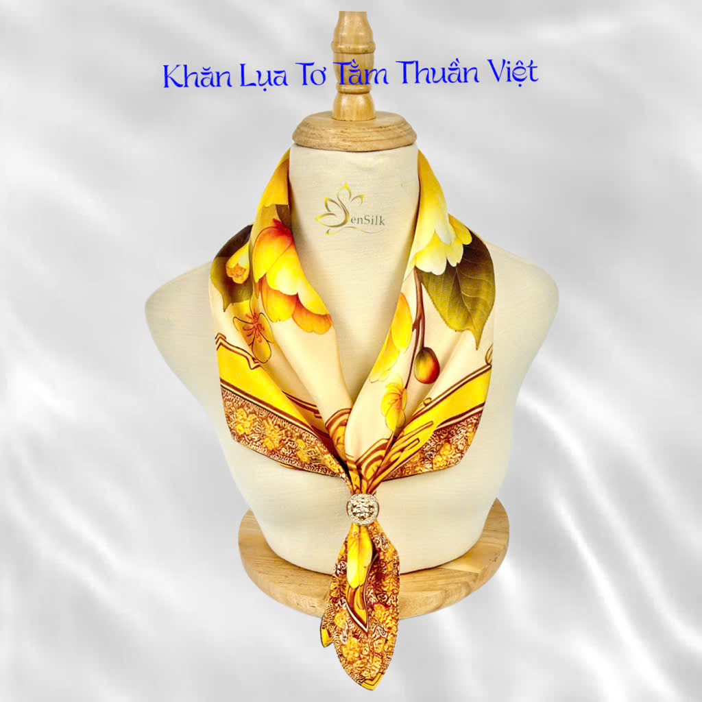 SenSilk Silk Printed Scarves - Luxurious Fashion Accessories for Her - Khăn Thời Trang Cao Cấp 65x65cm - Mai Vàng 3D Limited Design