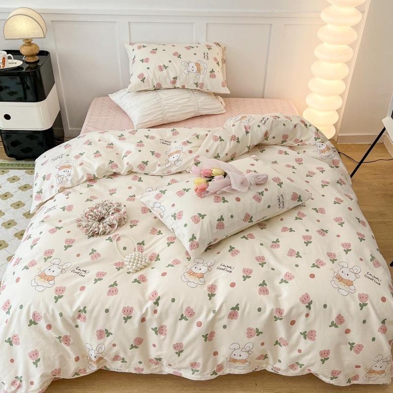Bộ Chăn Ga Gối Living 100%cotton Hàng Nhập Khẩu Cao Cấp 4 Món Hoa Thỏ