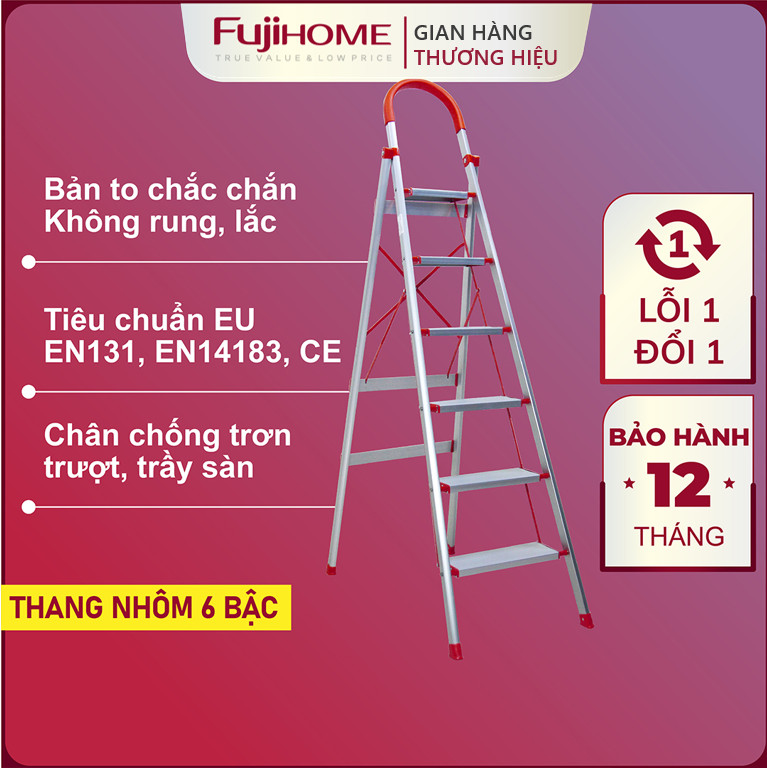 Thang ghế nhôm chữ A tay vịn bản to 6 bậc 1,9m xếp gọn Nhật Bản Fujihome chống trượt, Ghế thang chữ A thắp nhang gia đình đa năng rút gọn inox 1m9 mét step stool ladder