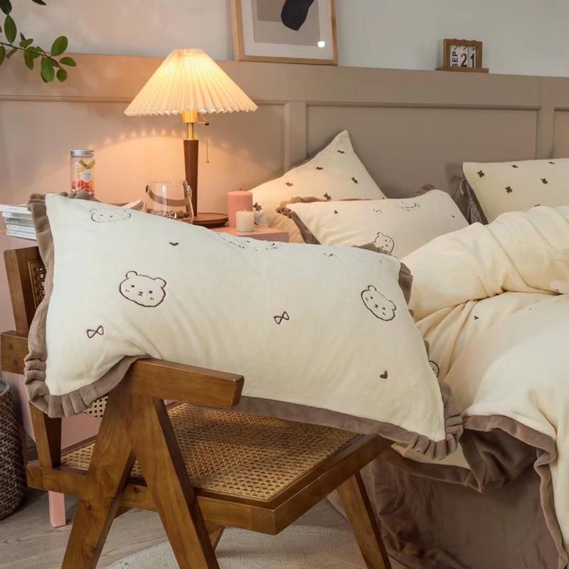 Bộ Chăn Ga Gối Nỉ Nhung Mịn Hàng Nhập Khẩu Cao Cấp 4 Món Gấu Teddy