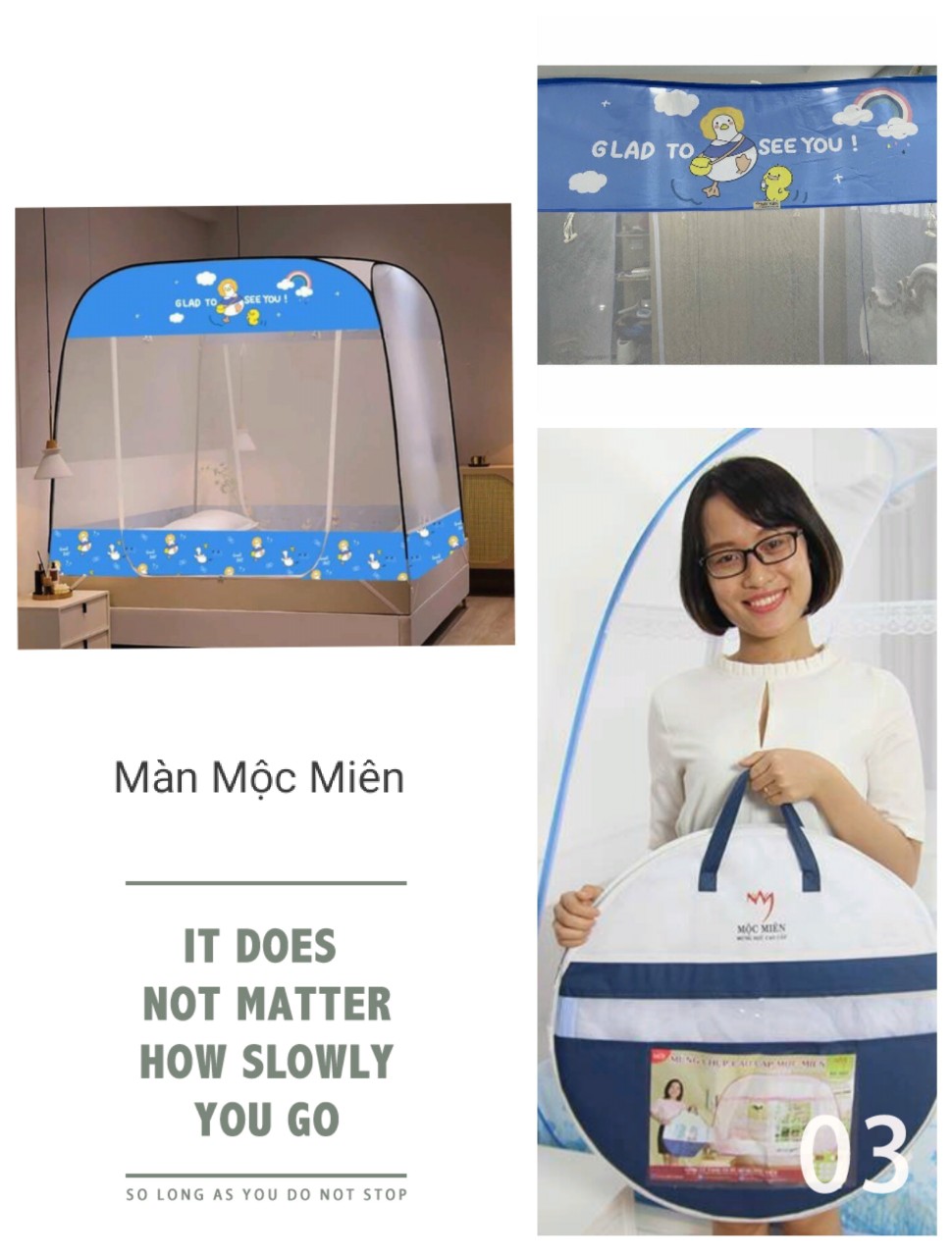 Màn Chụp Tự Bung Đỉnh Vuông Cao Cấp Mộc Miên - Màu Trắng Viền Xanh