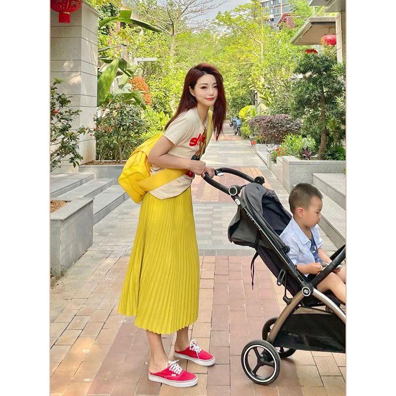 TOBE1SHOP Váy Hồng Kông nhẹ nhàng, hoạt bát, áo thun ngắn tay, thắt lưng mềm mại, váy xếp nếp, con cái mùa hè.