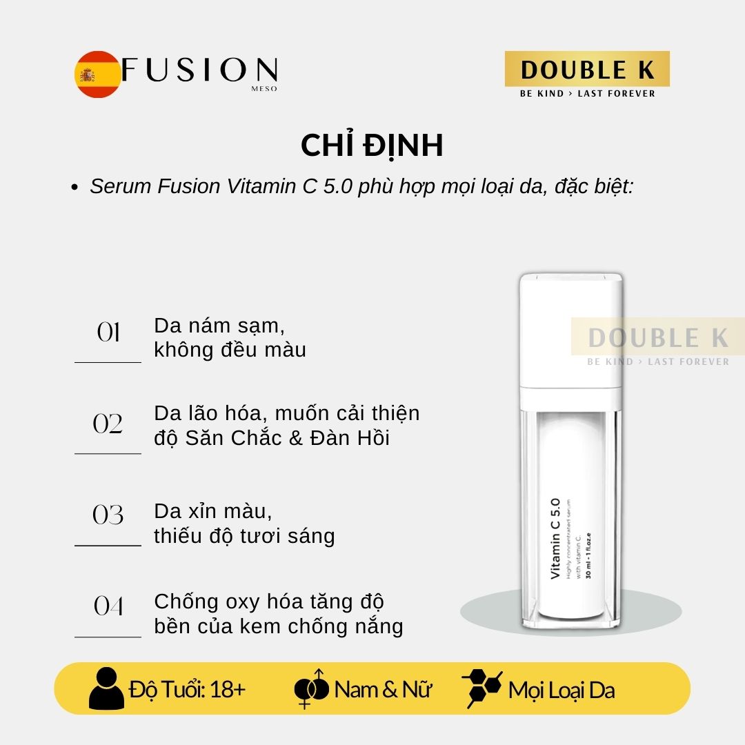 Serum Sáng Da Fusion Vitamin C 5.0 - Mờ Thâm Sạm Nám, Tăng Sinh Collagen Trẻ Hóa Da - Double K