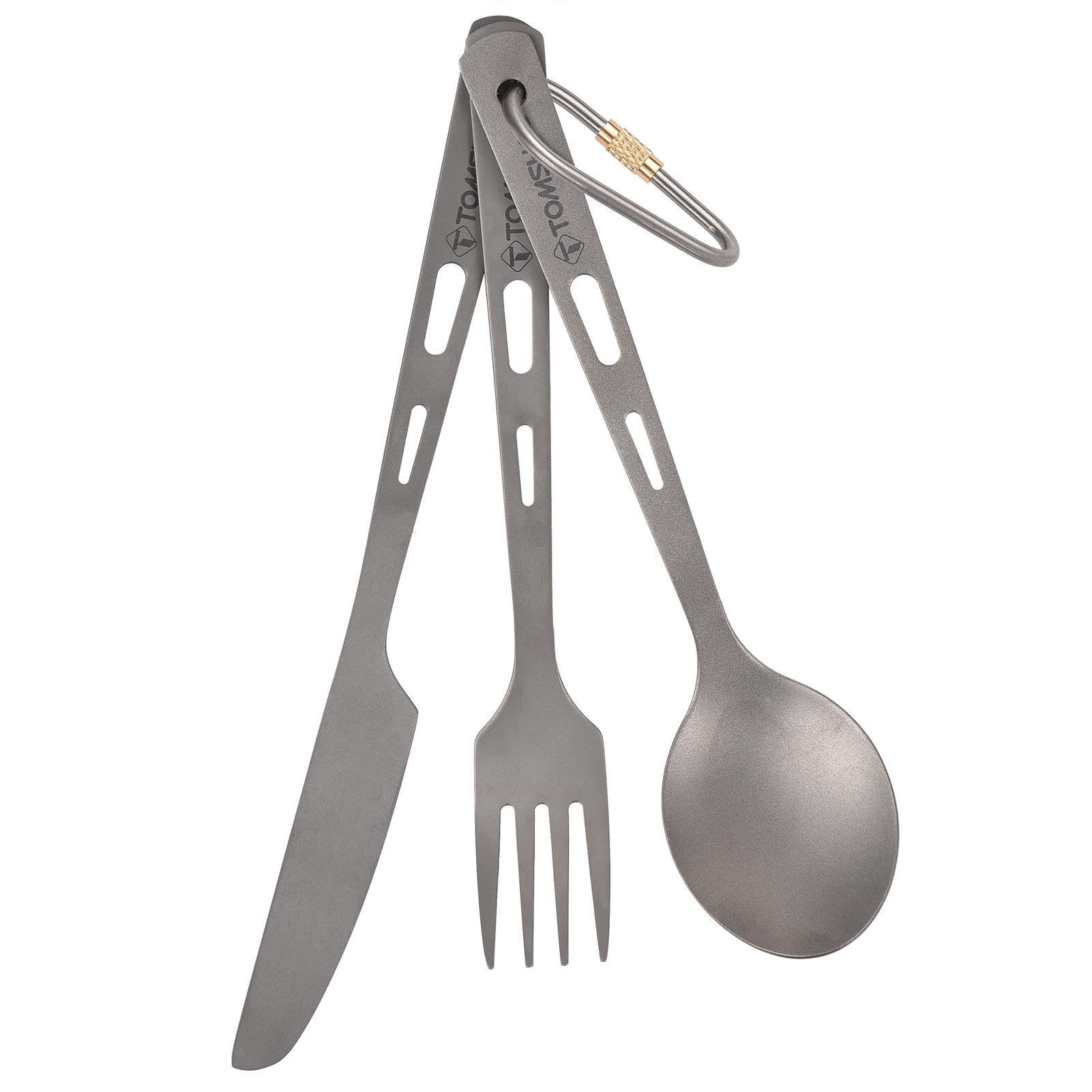 TOMSHOO Titanium 3 Piece Cutlery Set Lightweight Spoon Fork Cutter with Carabiner and Drawstring Sack for Outdoor Camping Hiking Backpacking Picnics Tableware