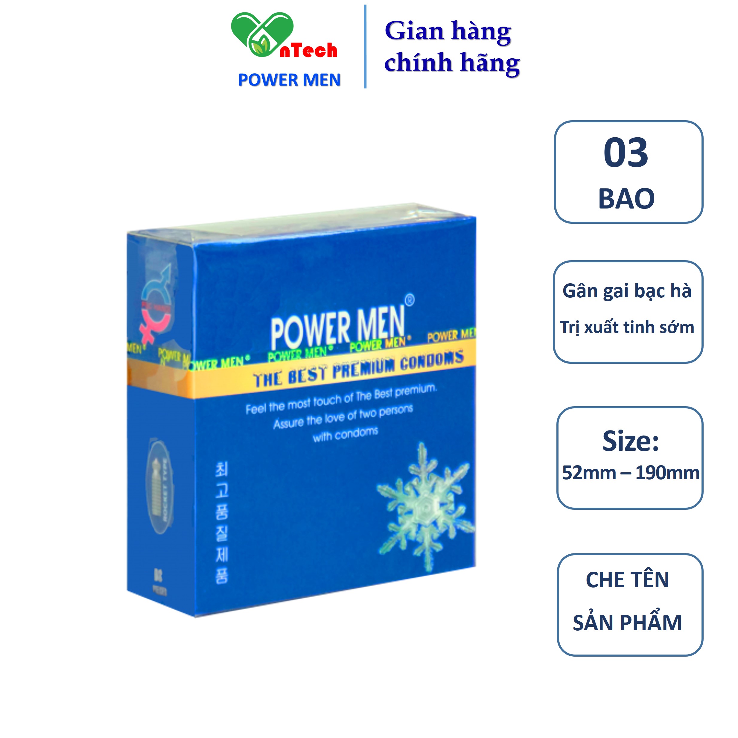 Bao cao su POWER MEN FROZEN gân gai tăng khoái cảm hương bạc hà mát lạnh 9% Benzocain siêu kéo dài thời gian hộp 12 cái