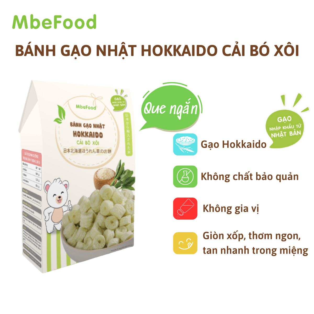 Bánh ăn dặm cho bé MBEFOOD Bánh gạo Nhật Hokkaido cải bó xôi que ngắn