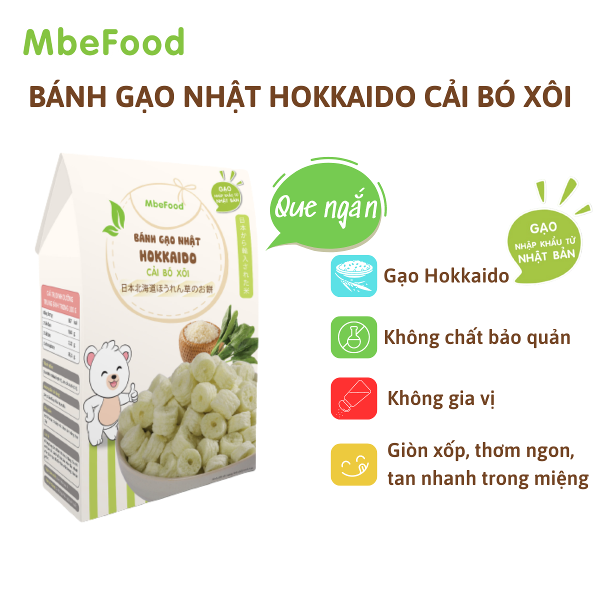 Bánh ăn dặm cho bé MBEFOOD Bánh gạo Nhật Hokkaido cải bó xôi que ngắn (Hộp 2 gói x 5g)