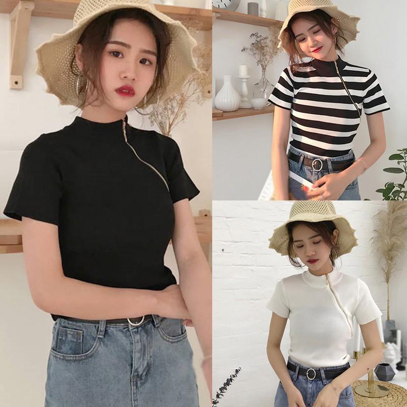 Áo Thun Ngắn Tay Kẻ Sọc Thời Trang Hàn Quốc Cho Nữ
