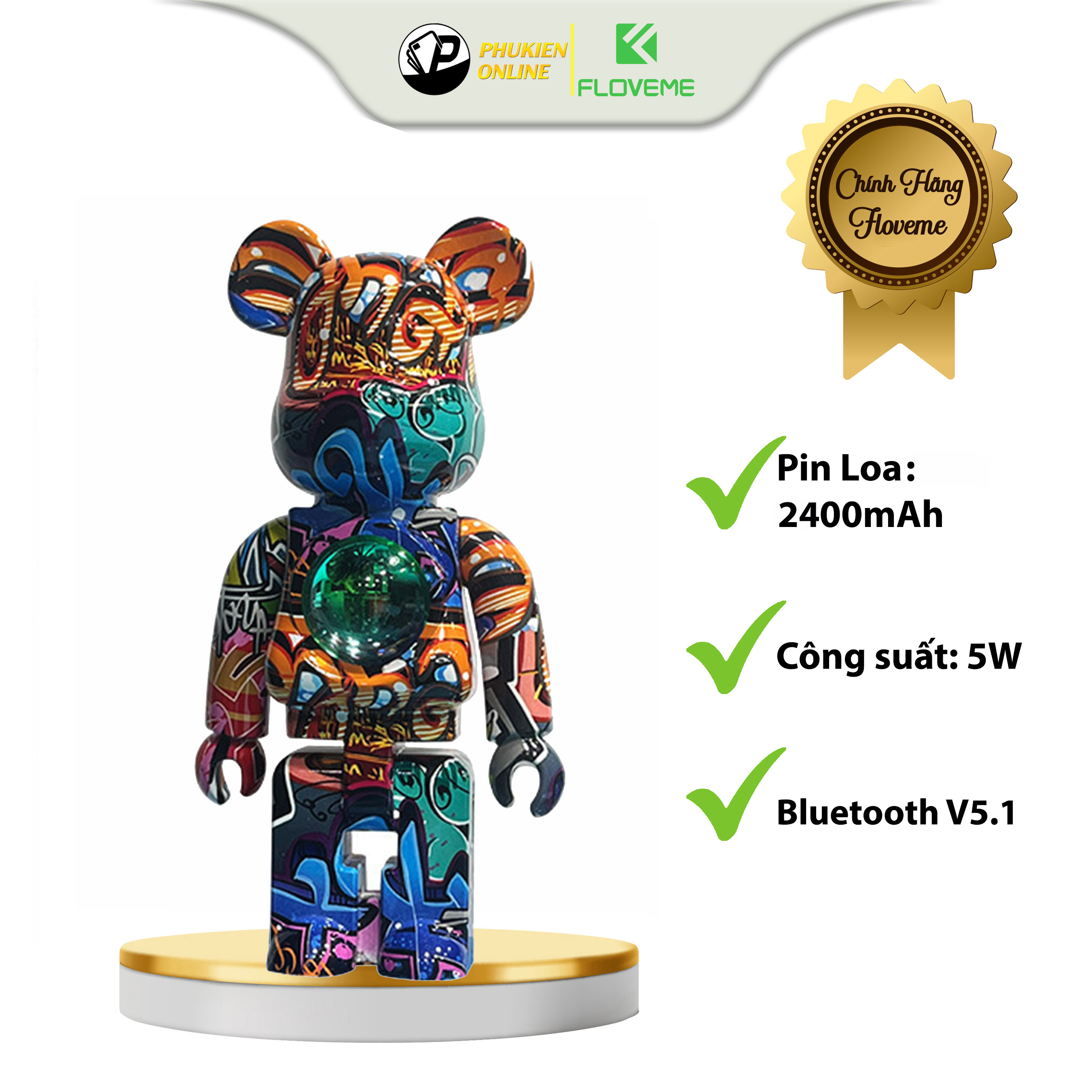 Loa Bluetooth Gấu Bearbrick Đèn Led Floveme Shen Lian, Nhỏ Gọn, Âm Thanh To Rõ Nét, Pin Dùng 3 - 5h , Decor Bàn Làm Việc - Hàng Chính Hãng