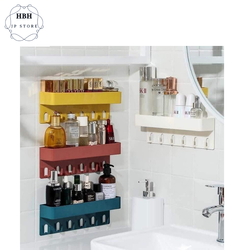 Giá kệ để đồ đa năng dán tường Kèm 6 móc treo đồ không cần khoan tường