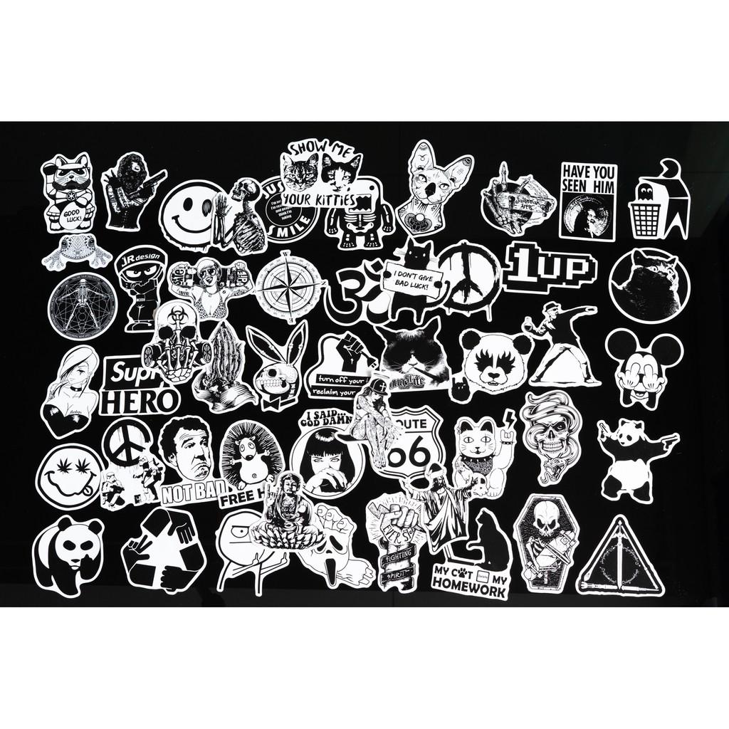 Bộ 10 20 50 sticker trắng đen black white stickers cao cấp trang trí Vali Laptop Mũ Bảo Hiểm Xe Máy Xe Đạp Đàn