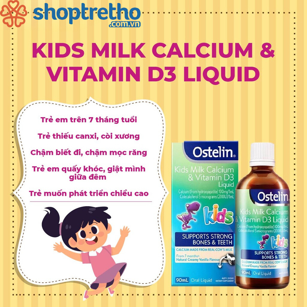 Vitamin D3 200IU và Canxi dạng nước cho bé Ostelin Kids Milk Calcium & Vitamin D3 Liquid 90ml của Úc