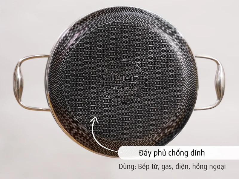 Nồi nông inox iMat Blackcube 22cm, Cao 9.8cm, Thể tích 3.2l, Phủ chống dính Daikin-Nhật Bản thế hệ mới