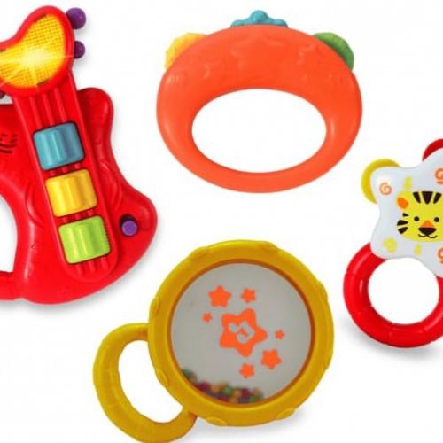 Set 4 món đồ chơi âm nhạc đàn Guitar kèm xúc xắc lục lạc cầm tay Winfun 3131 cho bé sơ sinh tới 3 tuổi