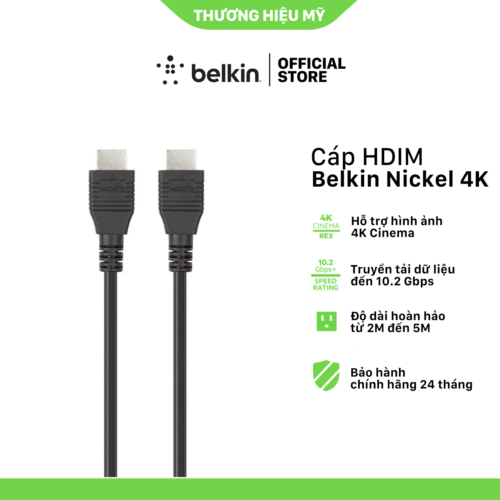 Cáp HDMI Ethernet, 4K, Full 3D, Nicken Plate Connector Belkin F3Y020BT2M 2m - Hàng Chính Hãng