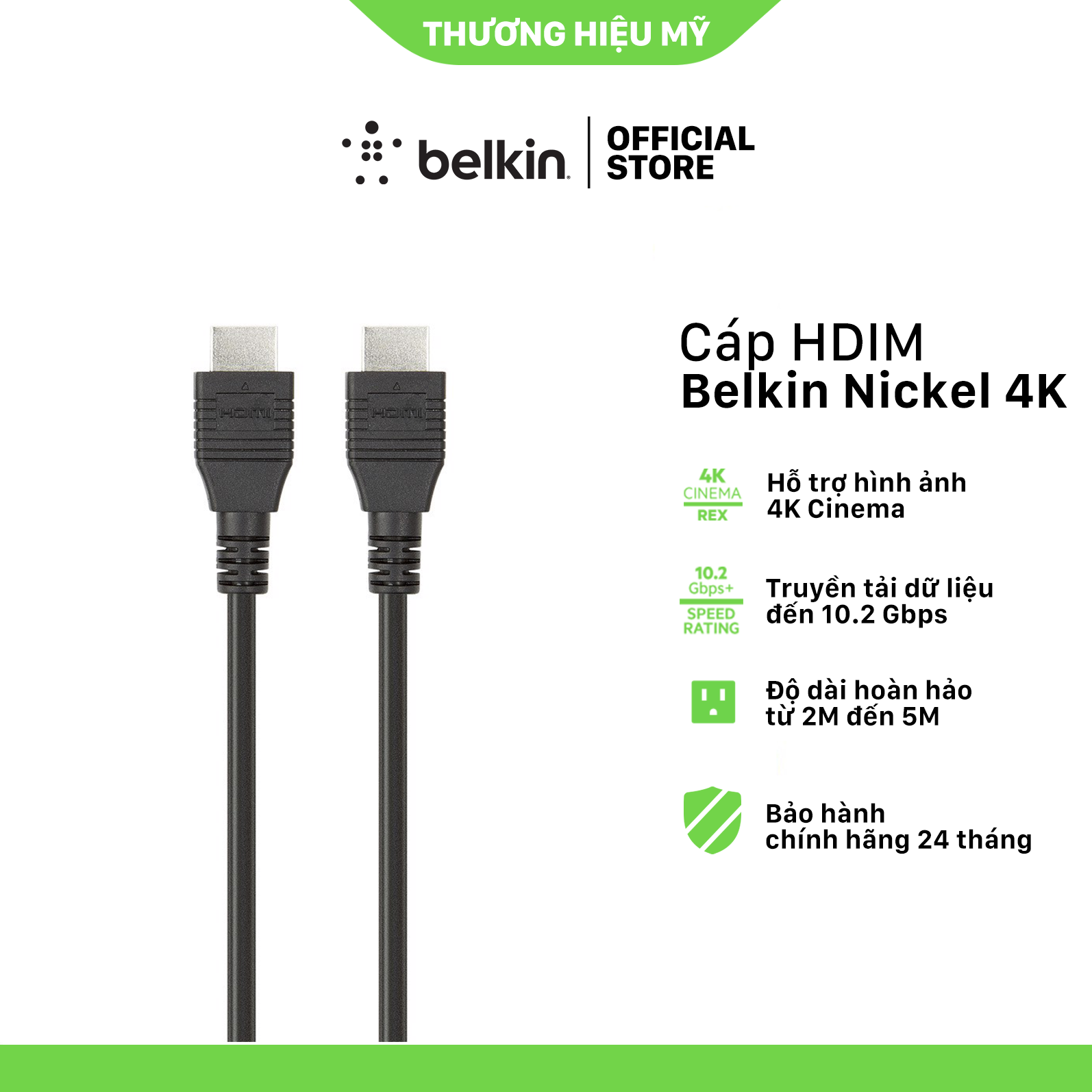 Dây Cáp HDMI Belkin F3Y020bt5M Full HD 1080p, 10.2Gbps (5m) - Hàng Chính Hãng