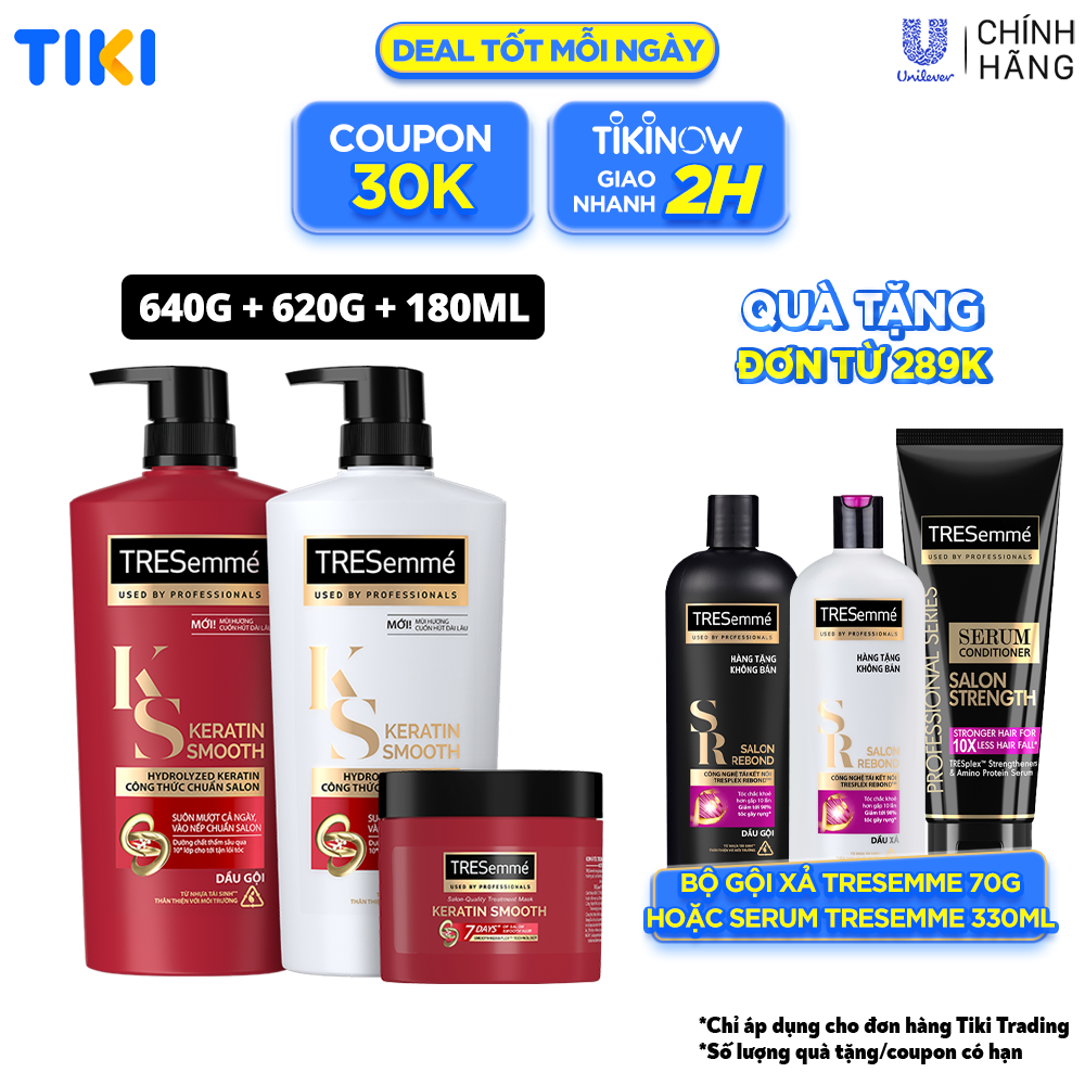 Combo Dầu gội, Dầu xả & Kem ủ TRESEMME Keratin Smooth Dưỡng tóc vào nếp suôn mượt vào nếp suôn mượt Công thức chuẩn salon Hydrolyzed Keratin 640g, 620g, 180ml