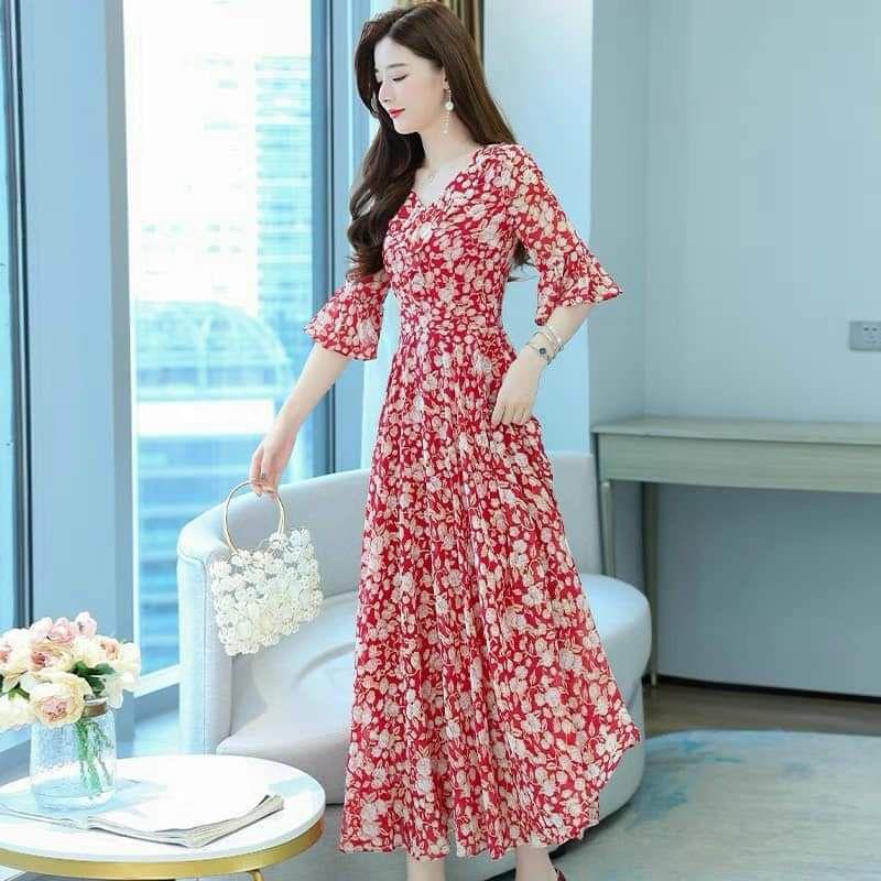 HÀNG NHẬP - ĐẦM MAXI VOAN HOA CỔ V VIỀN BÈO TAY LOE