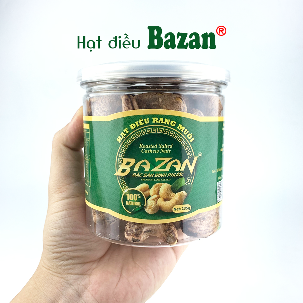 Hạt điều rang muối Bazan Bình Phước nguyên hạt dinh dưỡng A+ loại 1 hộp 235g nắp bật còn vỏ lụa