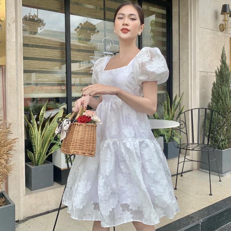 Đầm ulzzang dáng dài xoè trắng cutout lưng tay phồng - Audrey Studio