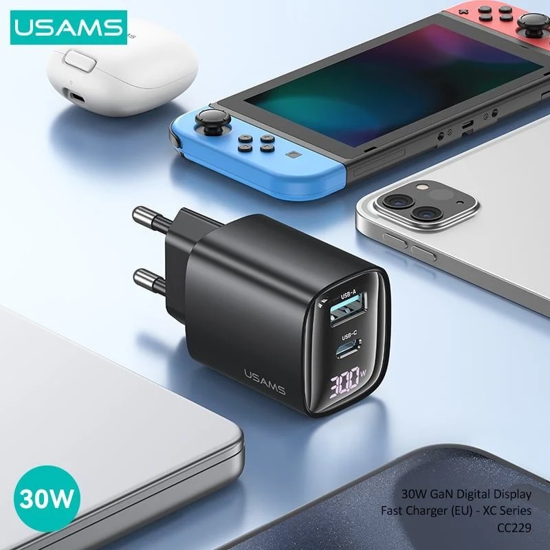 Củ sạc nhanh USAMS CC229 tích hợp 2 Cổng A+C 30W GaN Digital Display Fast Charger- Hàng Chính Hãng