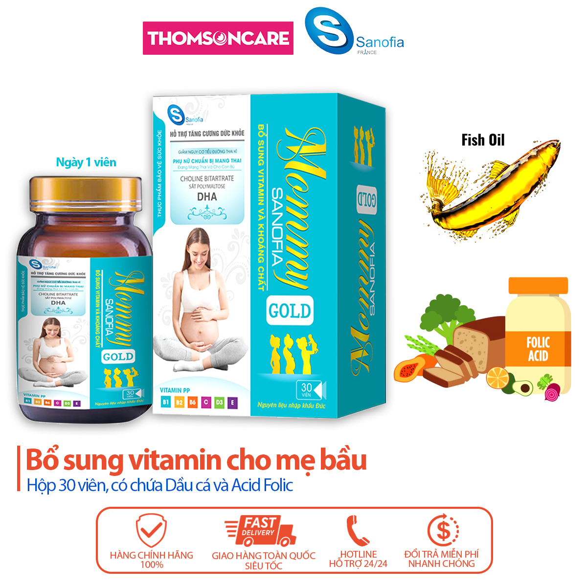 Vitamin bà bầu Mommy Gold Sanofia - Bổ sung vitamin và khoáng chất giúp mẹ bầu và thai nhi khỏe mạnh- Hộp 30 viên Thomsoncare