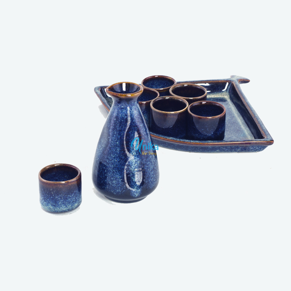 Bộ sake - Set sake bình vuốt men xanh hỏa biến - Gốm sứ cao cấp Bát Tràng